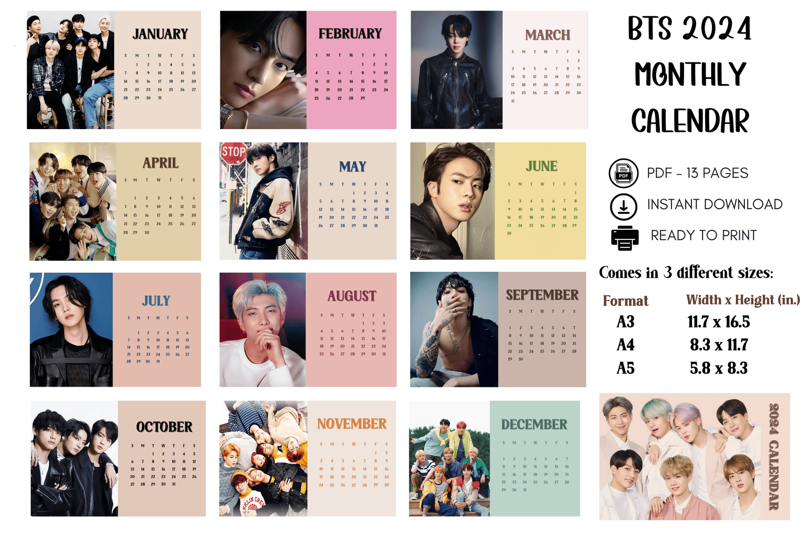 BTS 2024 Monthly Calendar |Desk & Wall Calendar| Printable| Instant Download