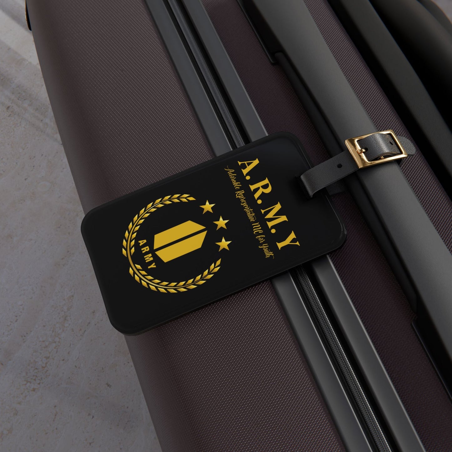 BTS Luggage Tag |Keychain |Lanyard |ID Holder |Badge Holder- Black with Gold Army Logo