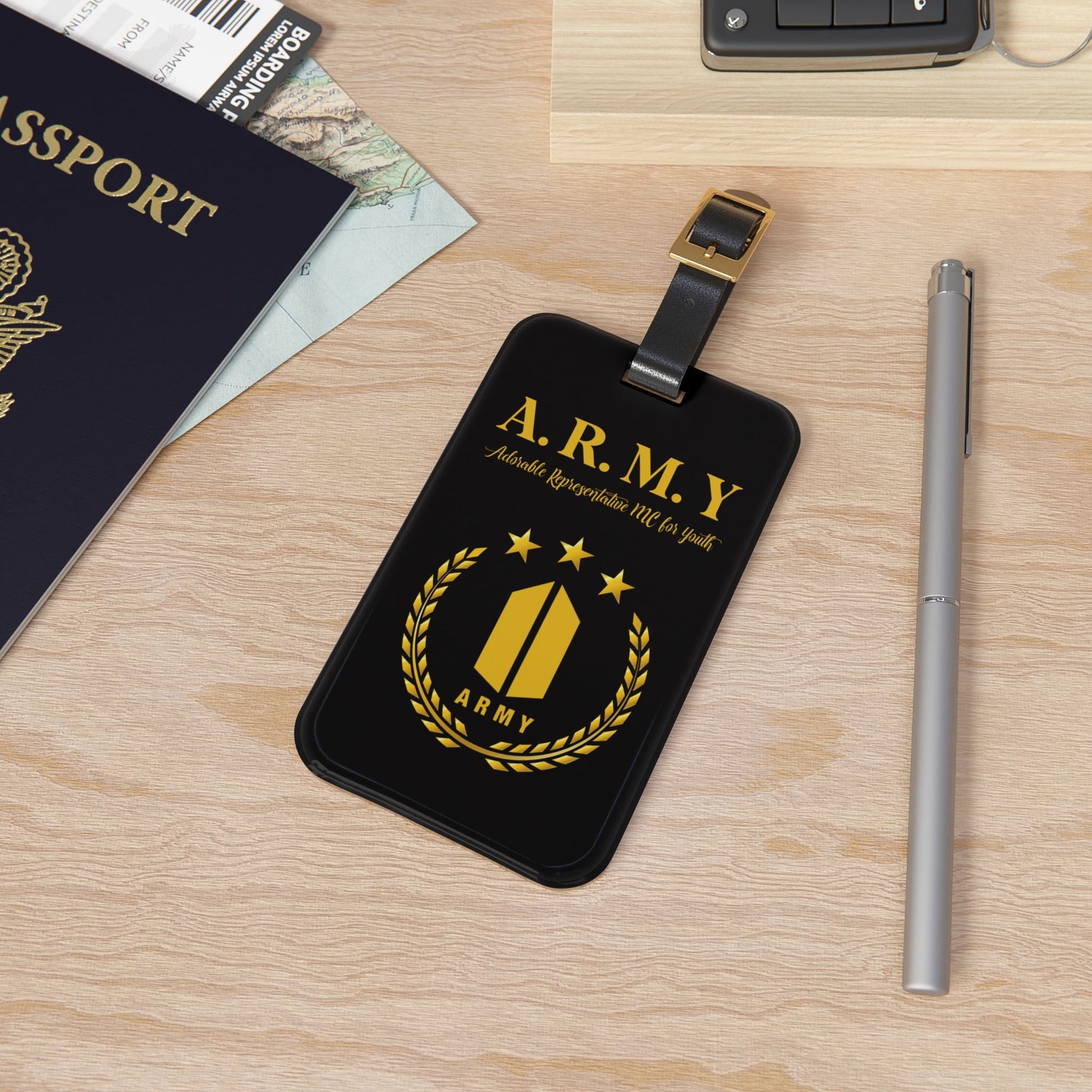 BTS Luggage Tag |Keychain |Lanyard |ID Holder |Badge Holder- Black with Gold Army Logo