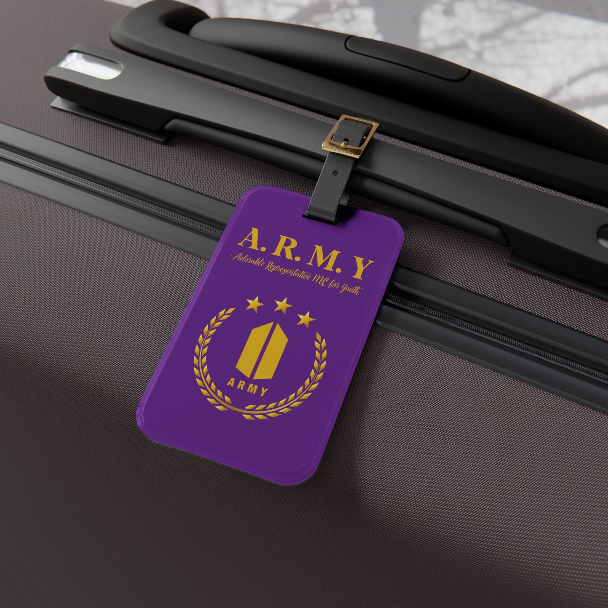 BTS Luggage Tag |Keychain |Lanyard |ID Holder |Badge Holder - Dark Purple with Gold Army Logo