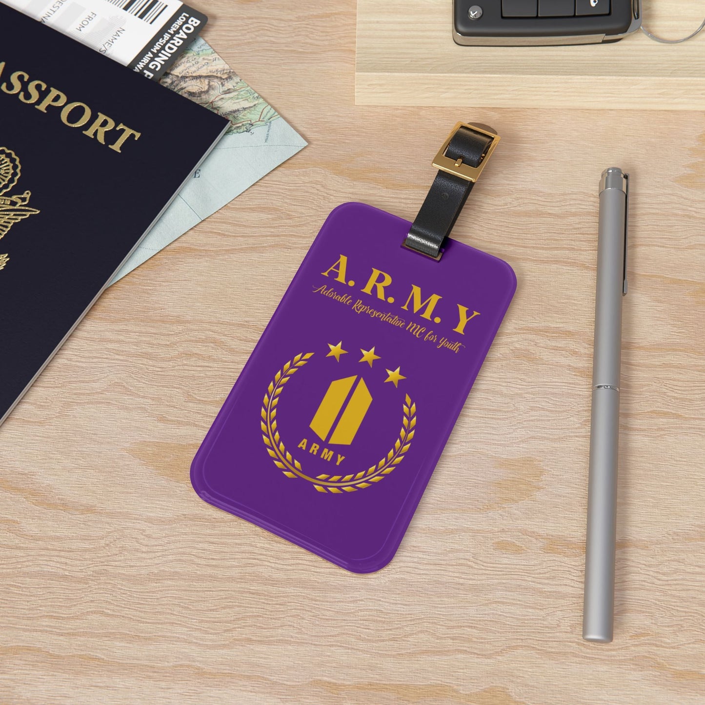 BTS Luggage Tag |Keychain |Lanyard |ID Holder |Badge Holder - Dark Purple with Gold Army Logo