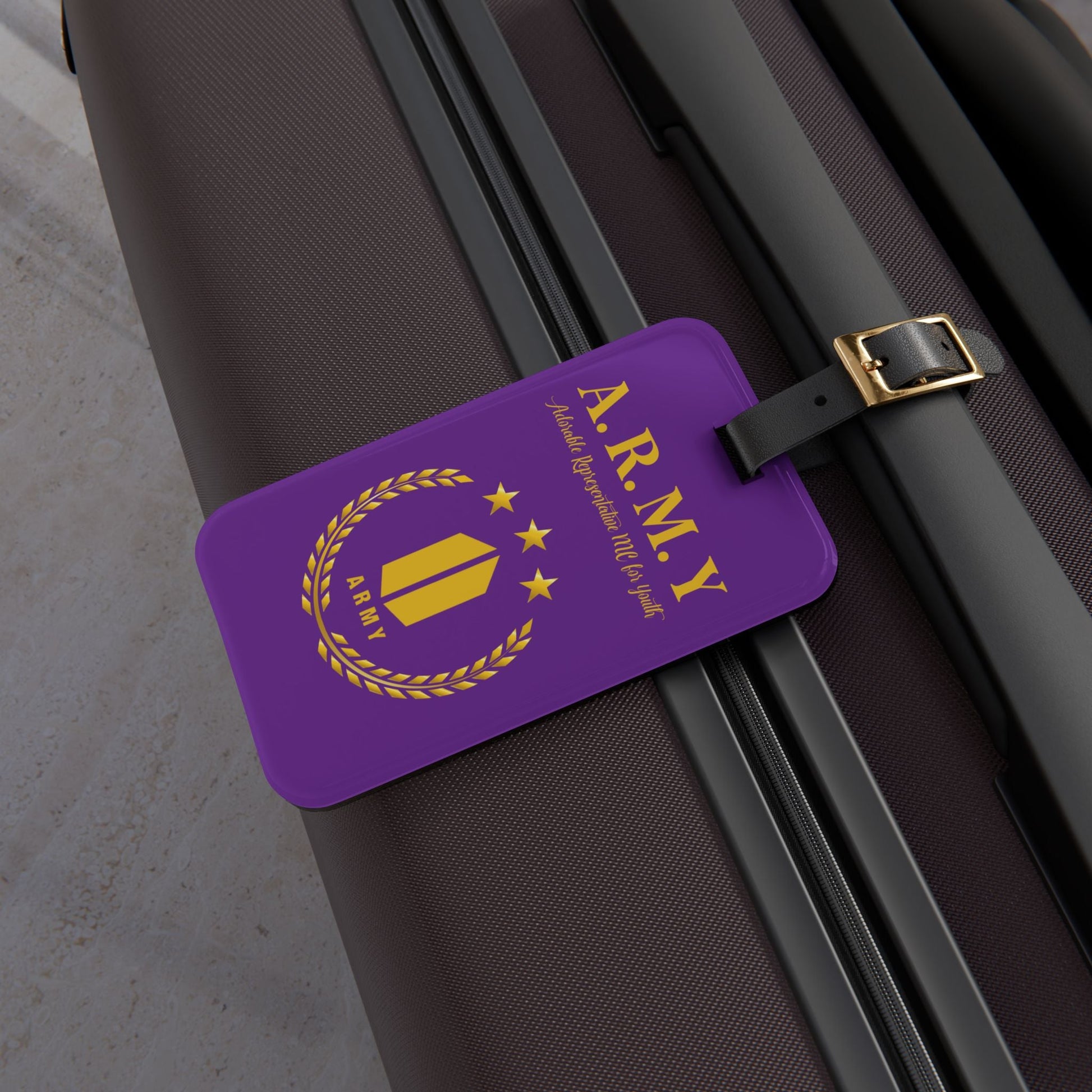 BTS Luggage Tag |Keychain |Lanyard |ID Holder |Badge Holder - Dark Purple with Gold Army Logo